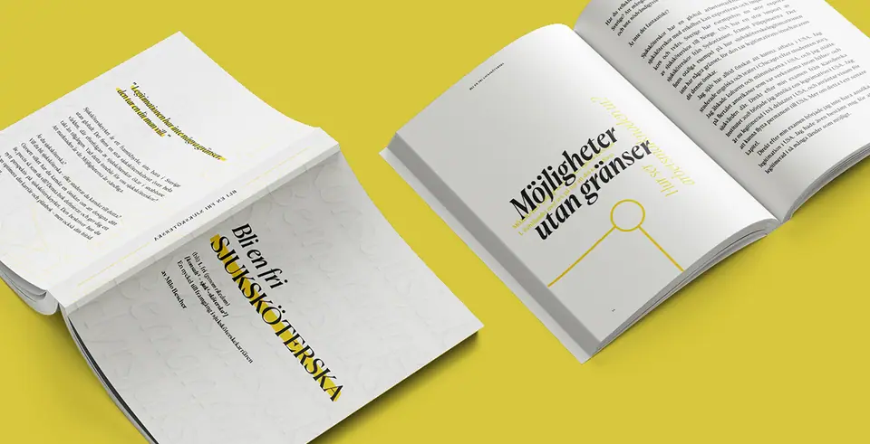 Two open copies of Bli en fri sjuksköterska on a yellow background, one at the title page and one at the chapter opener Möjligheter utan gränser