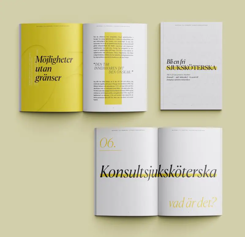 Spreads from the book laid flat: the yellow chapter opener Möjligheter utan gränser, the title page, and the opener for chapter 06, Konsultsjuksköterska