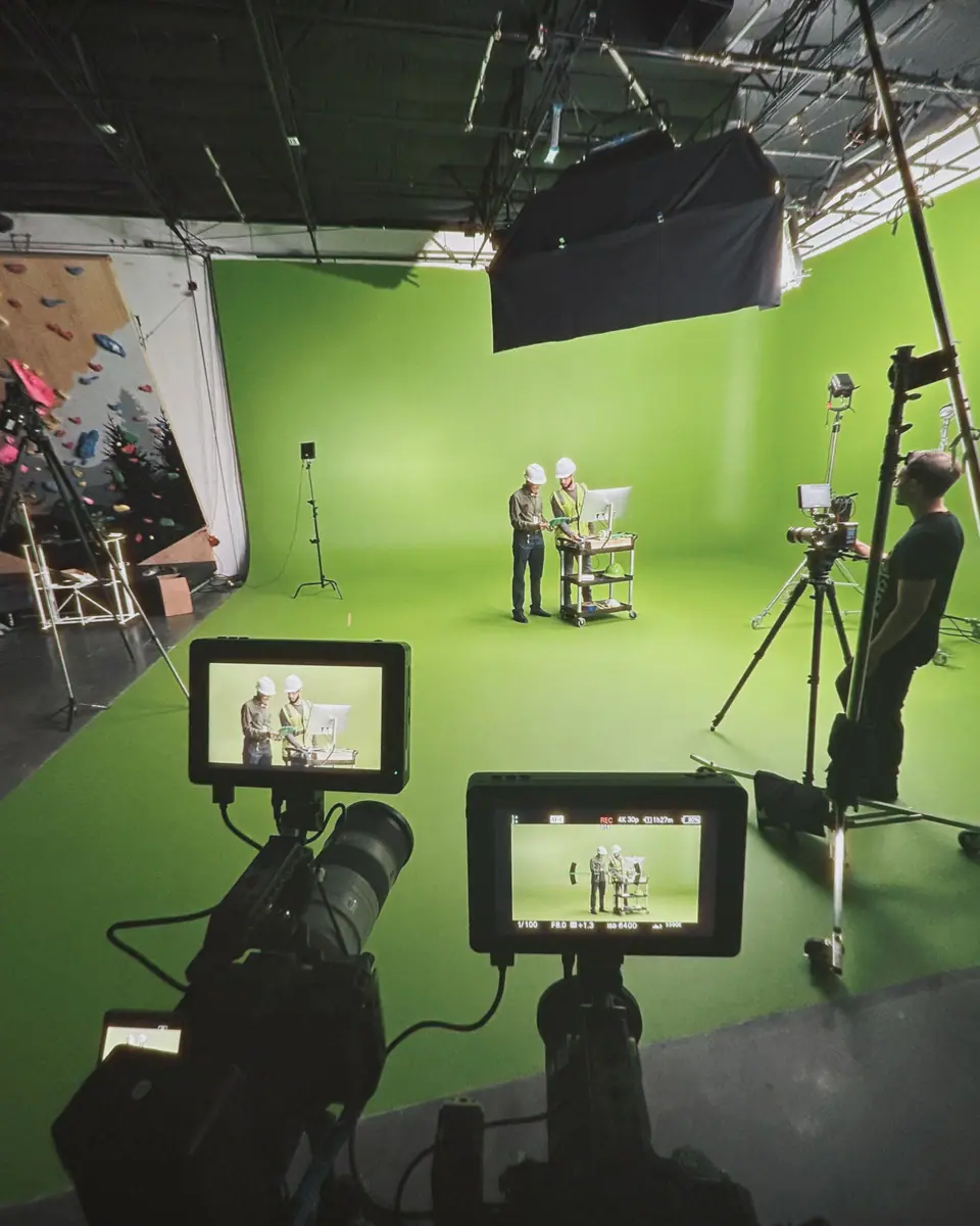 A green-screen studio seen from behind a camera and two monitors, with two actors on set