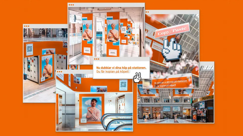 Collage of the Copy/Paste campaign across Stockholm Central station