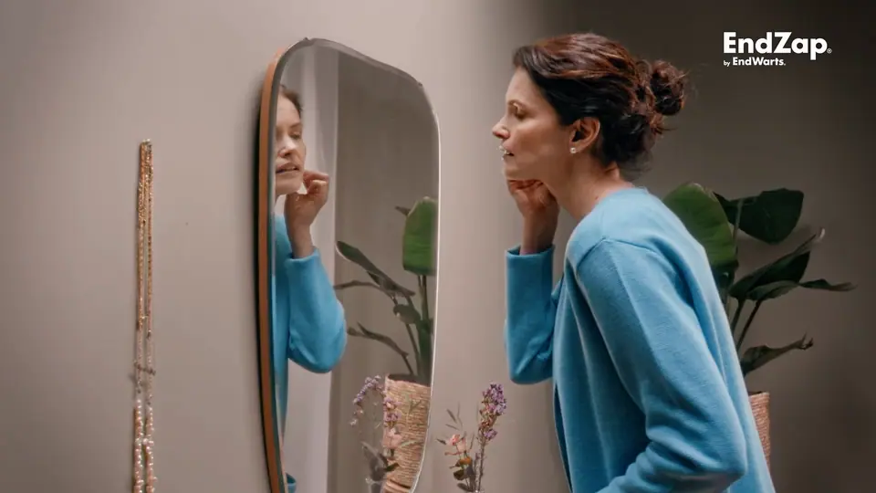 EndZap film: a woman and her reflection in a mirror, each making a different choice