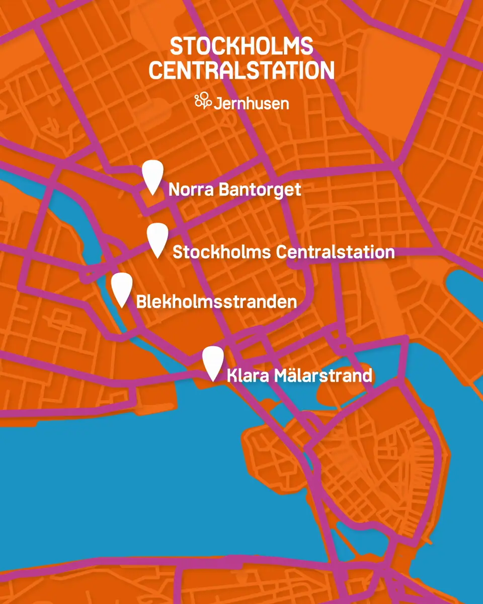 Illustrated orange map of shops around Stockholm Central