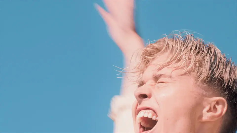 A young man shouting with joy, one hand in the air against a blue sky