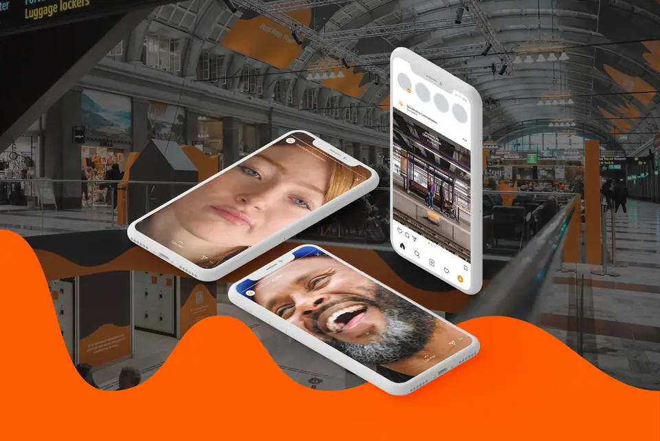 Phones showing close-up faces from the campaign over the Stockholm Central hall