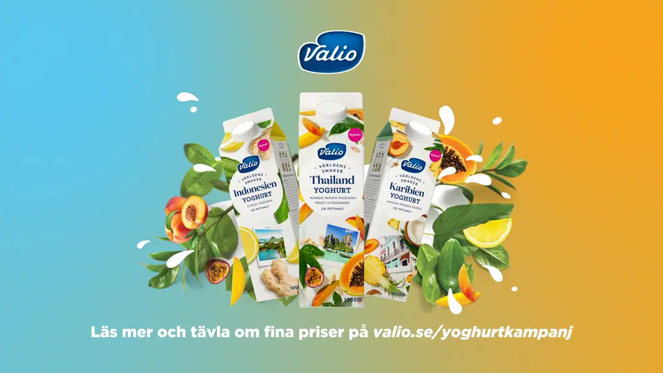 End card: the three Världens Smaker yogurts surrounded by fruit, with a prize contest at valio.se