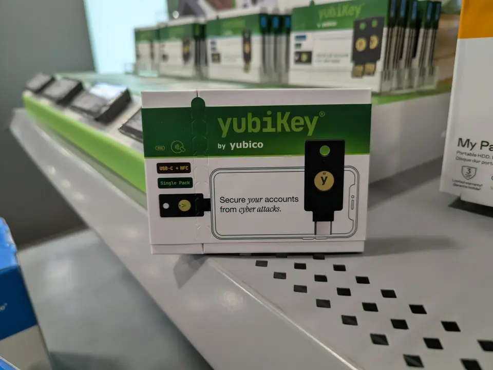 A YubiKey 5 NFC box on a Best Buy shelf, photographed by a shopper